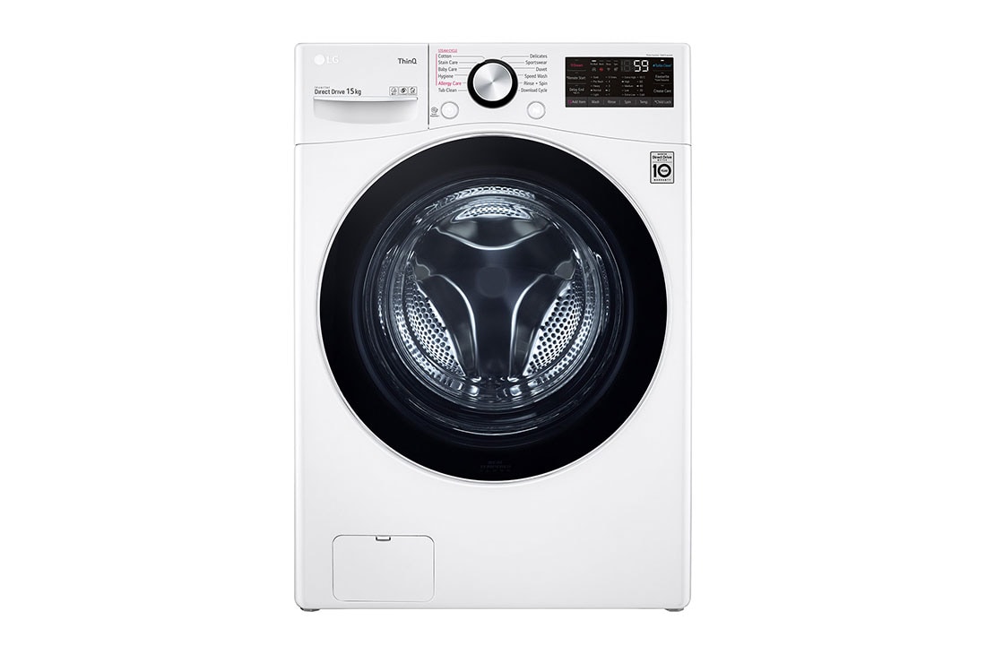 LG Front Load Washing Machine 15 Kg, Drying 75%, 6 Motions, Turbo Wash, Wi-Fi, Direct Drive Motor, White - WF1510WHT