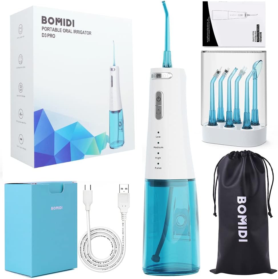 Bomidi Portable Oral Irrigator with 360-Degree Rotatable Nozzle, 300ml Water Tank, 5 Professional Nozzles, Type-C Charging - White/Blue - D3-PRO