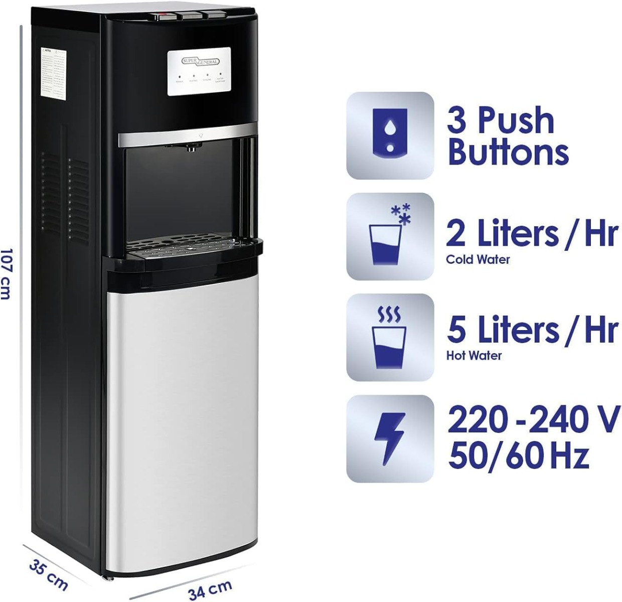 Super General Floor Standing Water Dispenser, Hot/normal/cold, Silver/Black - KSGL2020BM
