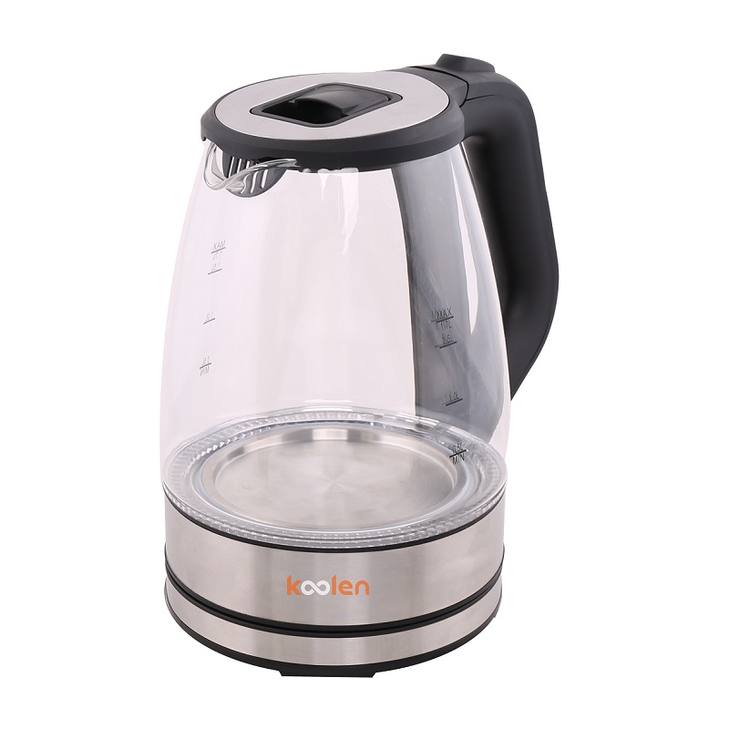 KOOLEN Glass Water Kettle with Steel Base 1.7 Liter, 1700W1500W, Baseplate Power Delivery with Concealed Heating Element, Multi-level Safety System, Cord-Convenient Storage - 800102007