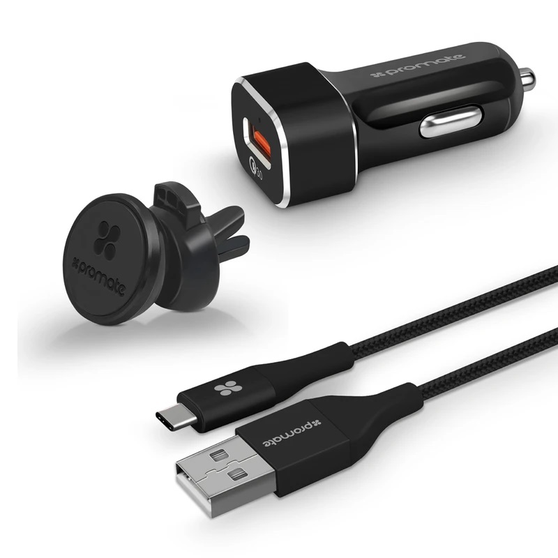 promate Car Charger With Car Mount and USB-C Cable, Black - AUTOKIT-HM