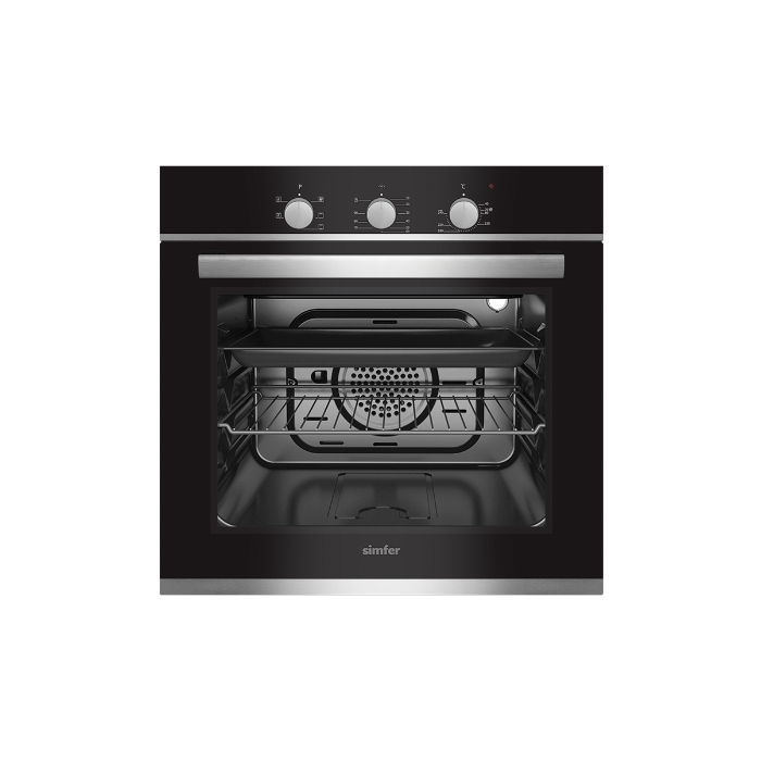Simfer Built-In Electric Oven, 60 Cm, 64 Liters, Cooling Fan, Upper And Lower Heating, Combustion-Resistant, 6 Functions, Turbo Fan, Steel Pressure Switches, Aluminum Handle, Internal Lamp, Glass Control Panel, Steel,B 6006 EERB