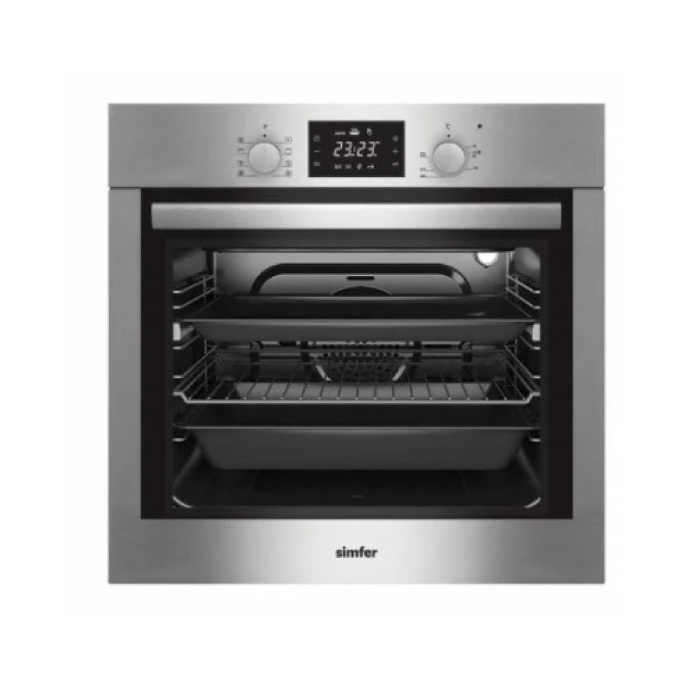 Simfer Built-In Electric Oven, 60 Cm, 64 Liters, Cooling Fan, Upper And Lower Heating, Combustion-Resistant, 10 Functions, Turbo Fan, Steel Pressure Switches, Aluminum Handle, Internal Lamp, Steel,B 6719 ZERM