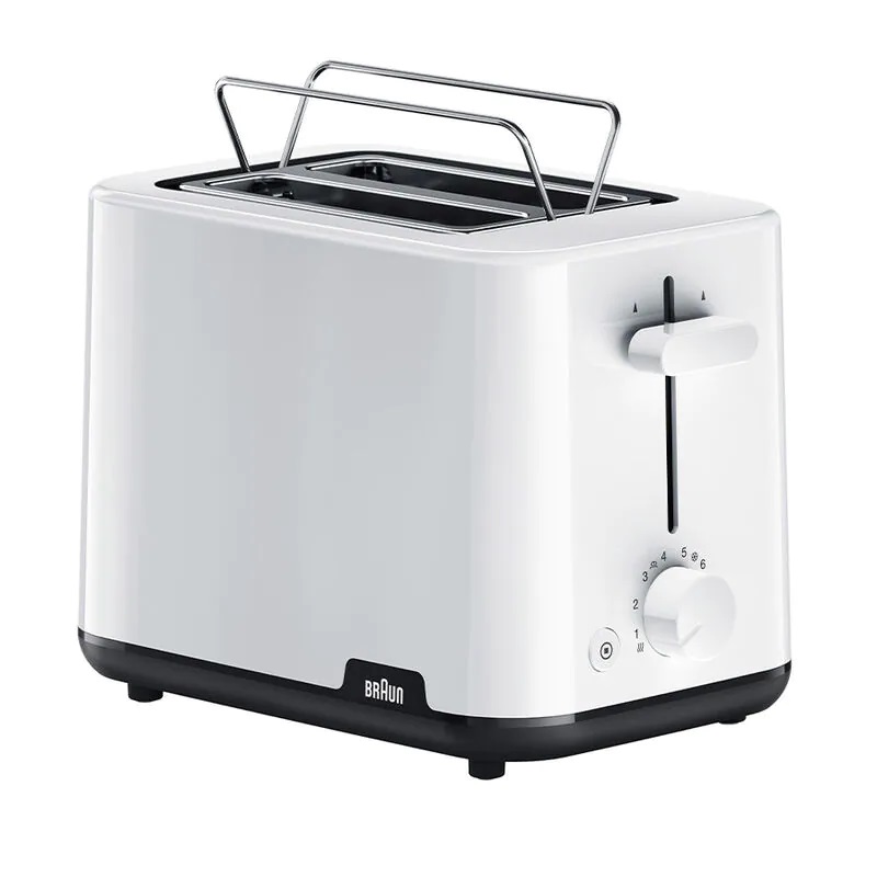 BRAUN Toaster 2 Large Slices, 900W Power, Tongs to Hold Bread, Tray for Bread Crumbs, Lighted Switch, Auto Off - HT1010WH