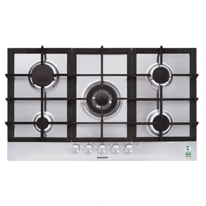 Glem Gas Built-In Surface 90 cm, 5 Gas Burners, Front Control, Safety Eyes Valve, Heavy Duty Cast Iron Grille, Electronic Ignition, Steel - P9FV5GI