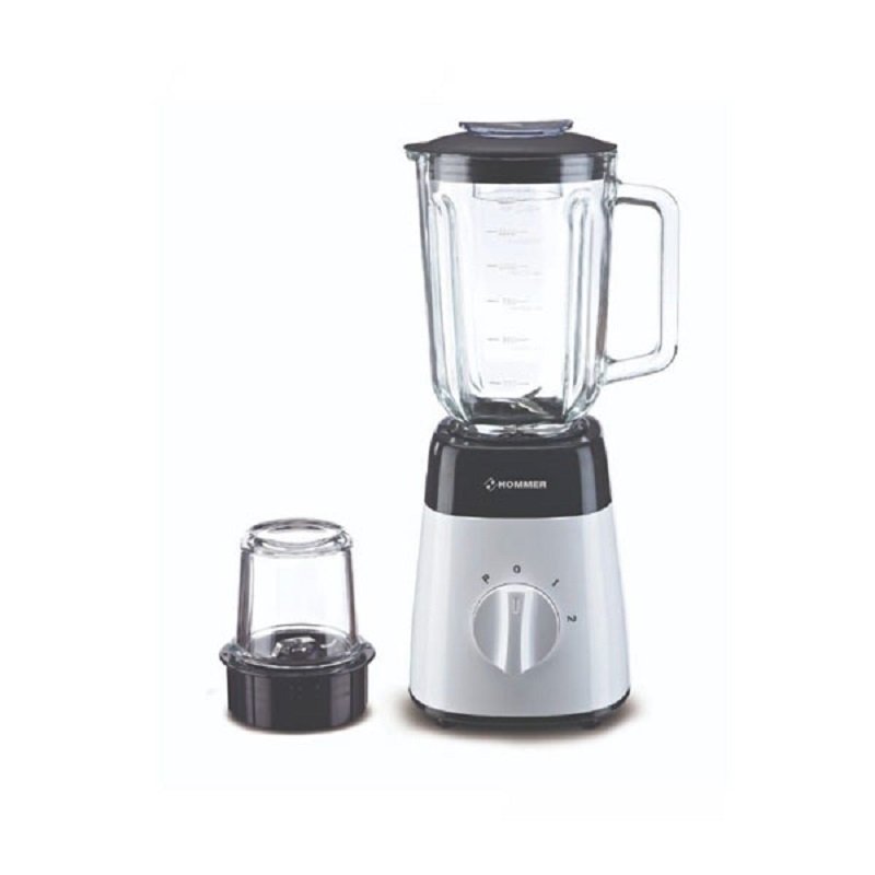HOMMER Blender with glass cup and grinder 500W, 1.5L, Glass cup hygienic and easy to clean, Mill for preparing spices or paste, 2 speeds with pulse, 4 stainless steel blades - HSA205-04