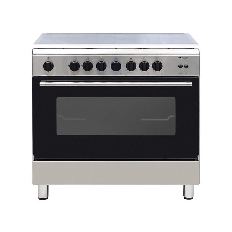 BOMPANY Gas Oven 60 x 90 cm, 5 Gas Burners, Full Safety, Light Grille, Italian Industry, Steel - ESSENTIAL90GG5TCIX