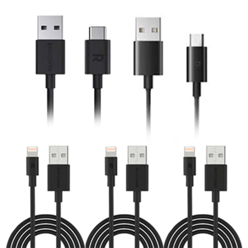 RAVPower Charging Cable Bundle 5 Units, 3 Cable Lightning 1 m + 1 Cable 1m TPE USB A to Type C + 1 Cable 1m TPE USB A to Micro, Black - RP-CB030 + RP-CB044 + RP-CB043