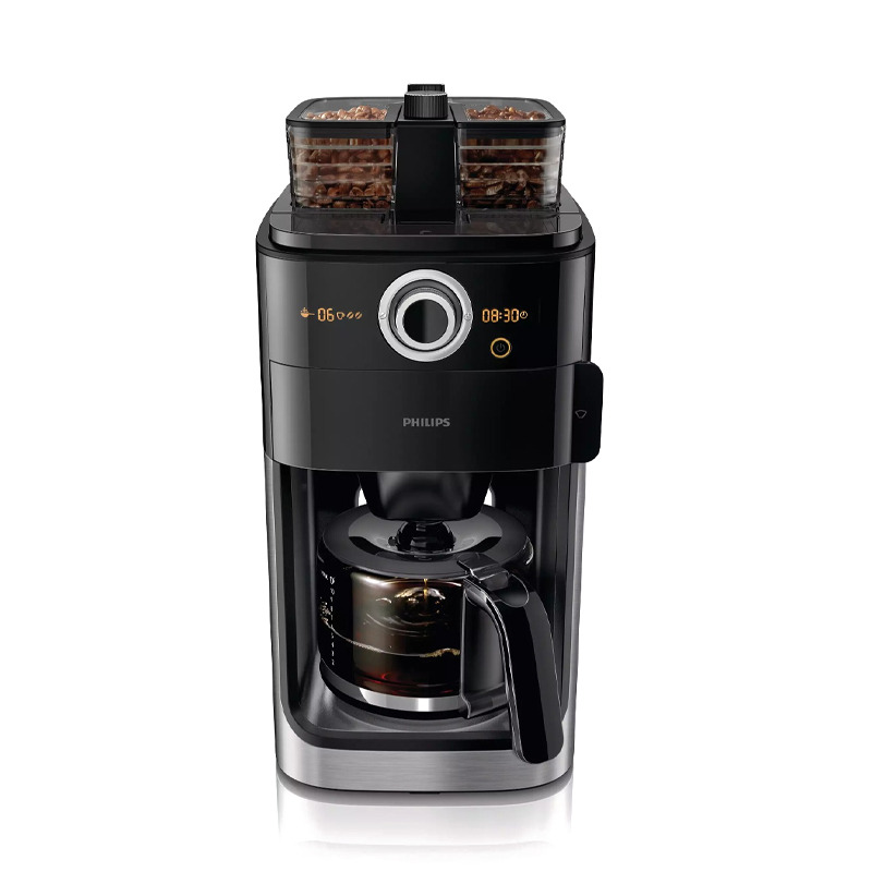 PHILIPS Coffee Maker 1.2 Liter, 1000W, 8-12 Cups Water Tank, Integrated Grinder, Black - HD7762